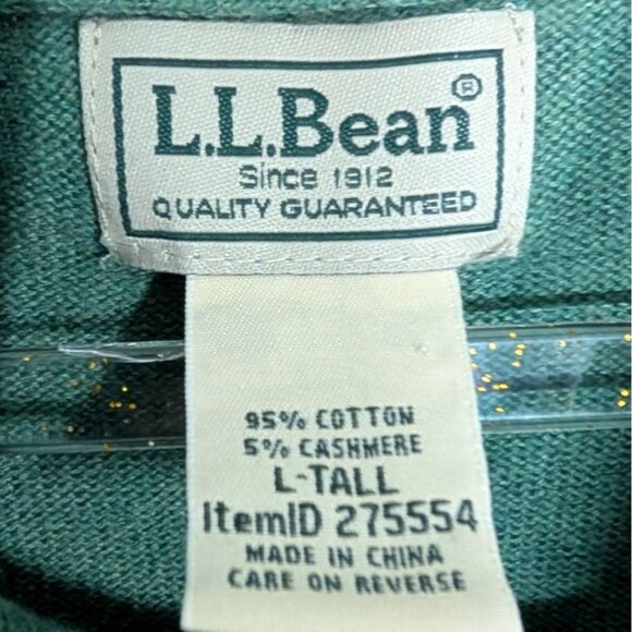 LL Bean 1/4 Zip Sweater Mens Size Large Tall Green Cotton Cashmere Pullover - Picture 3 of 8